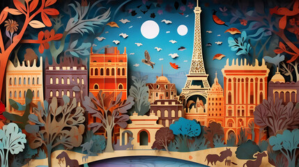 Papercut Illustration Paris & France, panorama travel postcard, poster, tour advertising of world famous landmarks - Generative AI