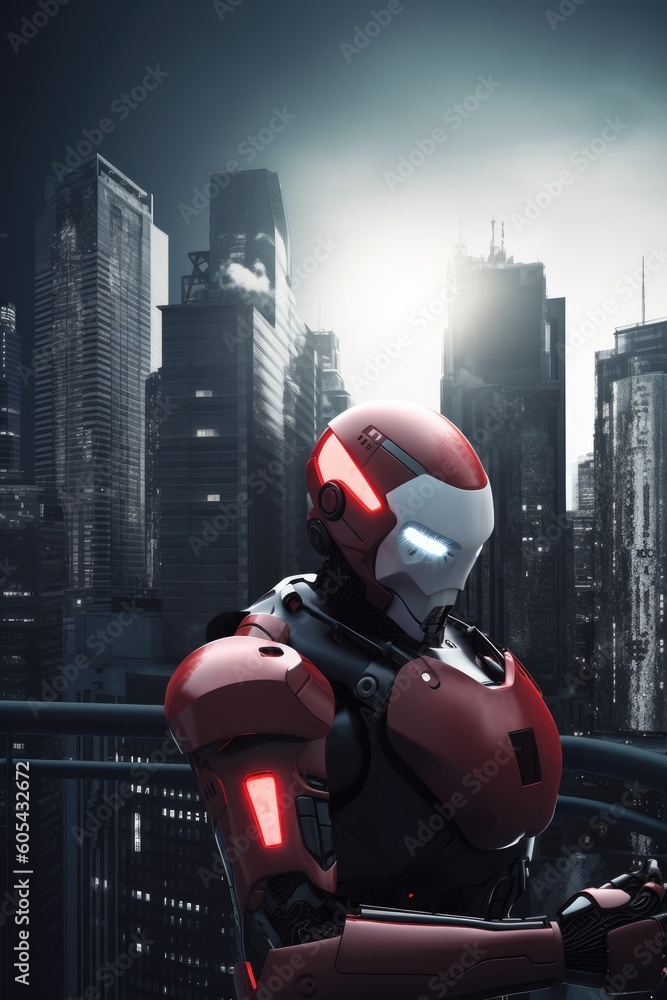 Poster robot with a glowing red visor in cityscape, generative ai