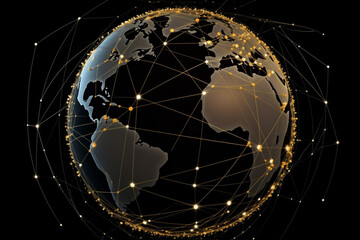 Connection lines around Earth surface abstract illustration. Future technology background with golden colored circles and lines. Internet, social media, travel, or logistical concepts. Generative AI