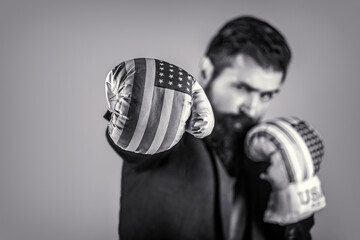 Man american boxings gloves, business winner. Boxing man USA. Businessman in Boxing gloves. Ready...