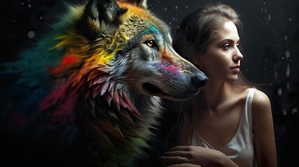 A Woman and Wolf Symbolizing Friendship and Freedom - play with colours - human and animal - art