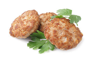 Tasty meat cutlets on white background