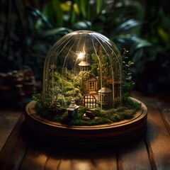 tiny house in a dome - miniature detailed craftsmanship in a forest terrarium dome