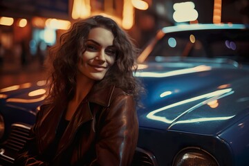 Retro Elegance: Hyperrealistic Portrait of a Woman in the City Light of the 70s - Muscle-Car - beauty of the moment