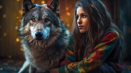 young woman sit down with a wolf - friendship with nature - respect - the play with colours