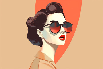 Fototapeta na wymiar Beaut, fashion and style concept. Retro style fashion woman wearing trendy sunglasses portrait illustration. Illustrative minimalistic design. Pin up girl fashion style. Generative AI