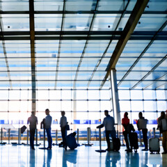 Blurred background tourists looking for the check in aircraft in international airport terminal waiting for fligh. airport terminal waiting fligh concept. Generative AI, illustration