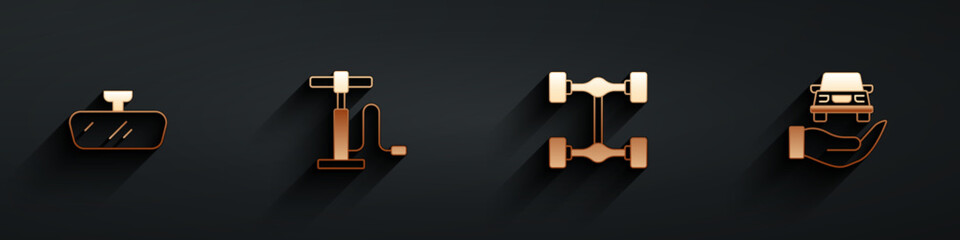 Set Car mirror, air pump, Chassis car and Auto service check automotive icon with long shadow. Vector