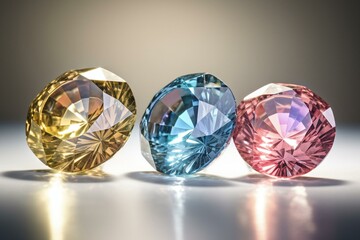 Round cut diamonds in pink, blue, yellow colors, viewed from side, isolated on white background. Generative AI - obrazy, fototapety, plakaty