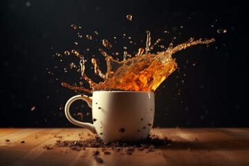 Warm background, labeled cup, 3D tea splash. 16x9. Generative AI