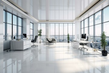 Contemporary white office hall with blank display, furnishings, skyline vista & window. 3D visualization. Generative AI