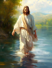 Jesus walks on water, miracle, painted with oil paints, generative ai