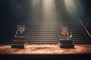 A raised platform with three steps and medals on top for the top three finishers in a competition. It signifies victory and achievement. Generative AI