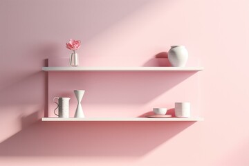 Minimalistic pink shelf on pastel background with shadow. Creatively rendered idea. Generative AI