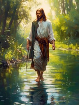 Jesus walks on water, miracle, painted with oil paints, generative ai