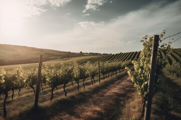 Fototapeta na wymiar View of vineyard with sky in background. Generative AI