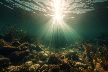 Naklejka na ściany i meble Illustration of sunlight rays shining underwater, created with 3D rendering technology. Generative AI