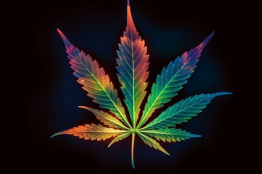 Colorful glowing cannabis leaf over dark background. Ideal for t-shirts, prints, and posters. Generative AI