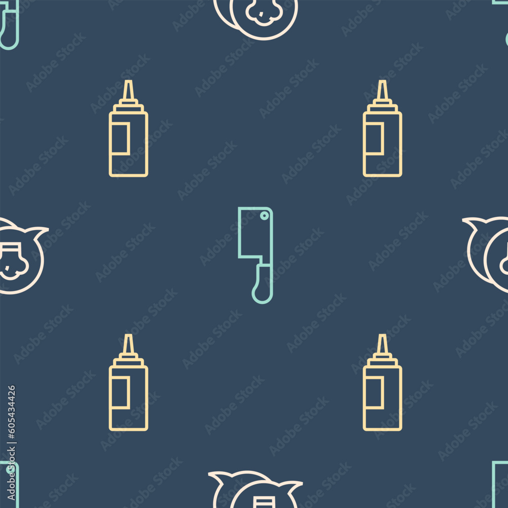 Poster set line chef hat in speech bubble, sauce bottle and meat chopper on seamless pattern. vector