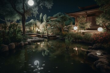 Fototapeta na wymiar A serene garden at night with shimmering water beneath the full moon. Generative AI