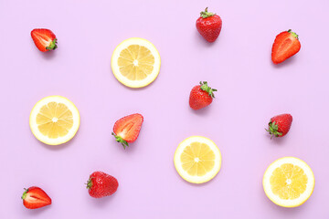 Fresh strawberries with lemon on lilac background