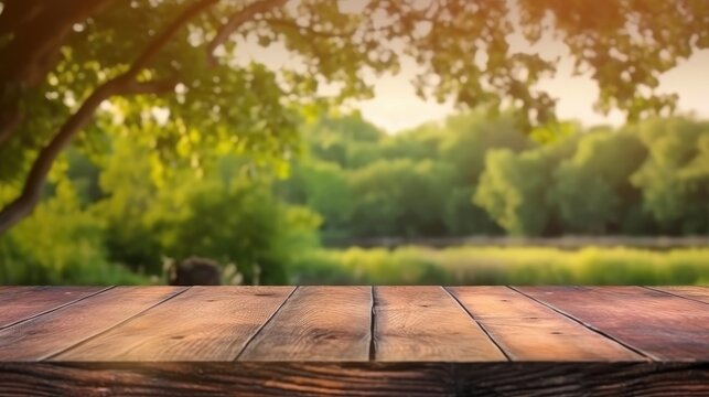 An old wooden table with nature backdrop and copy space. (Generative AI)