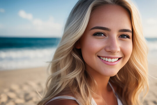 Digital portrait of a beautiful smiling blonde girl on the beach. Concept of active travel. Generative AI