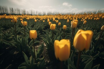 Yellow tulip field. Generative AI