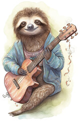 A sloth playing a guitar and singing. Generative AI.
