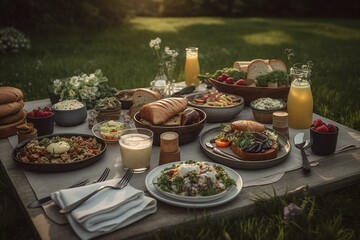 Outdoor dining essentials spread on green field. Generative AI