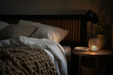A white bed with matching pillows and blanket, a lamp on the bedside table. Generative AI