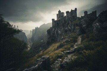 Medieval ruins of a mountain fortress. Dark and foreboding. Inspired by Dark Souls. Generative AI