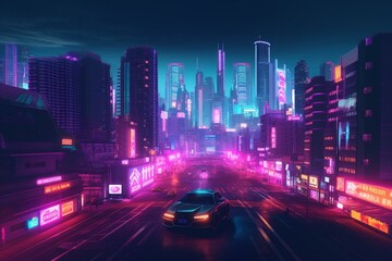 Fototapeta na wymiar Vibrant synthwave city with modern buildings and neon lights. Generative AI