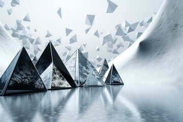 Futuristic 3D banner with triangular pyramids on white geometric surface. Generative AI