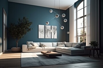 Minimalist living room with warm blue and white colors and high ceiling. Generative AI