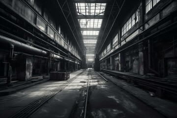 Plakat Abandoned factory in the city, with street, train, bridge, and alley nearby. Dark, empty interior with black and white tones. Generative AI