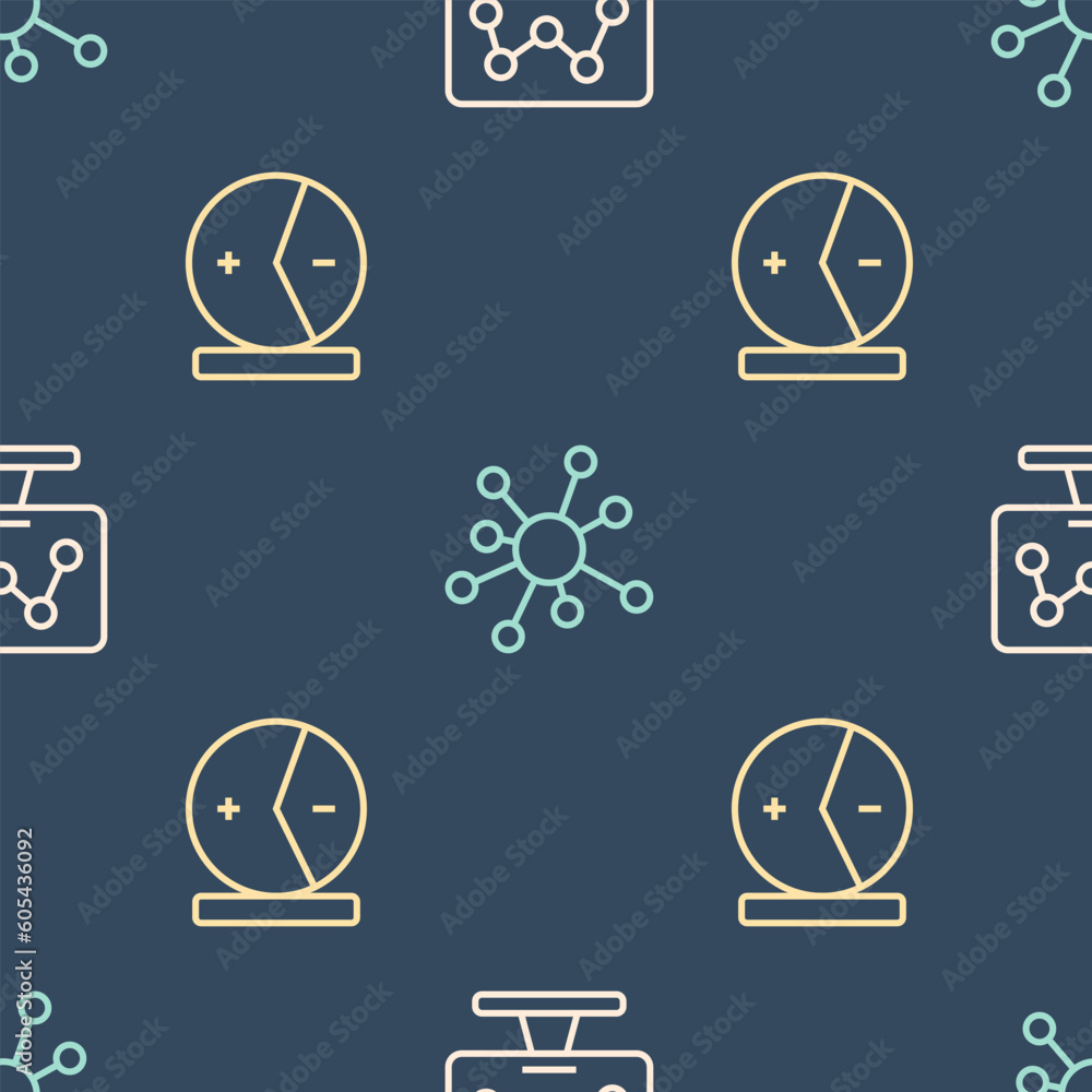 Poster set line genetic engineering, atom and molecule on seamless pattern. vector