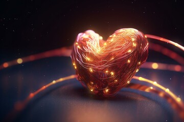 3D rendering of a fiber optic cable in the shape of a heart. Generative AI