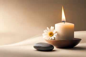 Vanilla burning candle on beige background with copy space. Warm aesthetic composition with stones and dry flowers. Home comfort, spa, relax and wellness concept. Interior decoration
