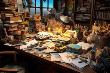 Cluttered creative business desk with stacks of sketchbooks, colorful pens, and scattered art supplies, reflecting a vibrant and imaginative workspace - Generative AI
