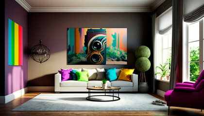 modern living room, coloful, soft, minimalist, red, green, yellow, grey, window, luminoso, shine, perfect, muckup, frame