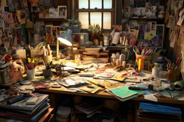 Naklejka na ściany i meble Cluttered creative business desk with stacks of sketchbooks, colorful pens, and scattered art supplies, reflecting a vibrant and imaginative workspace - Generative AI