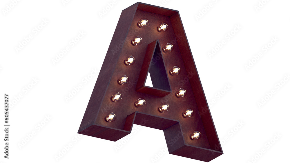 Fototapete light bulb glowing letter alphabet character a font. perspective view illuminated capital symbol on 
