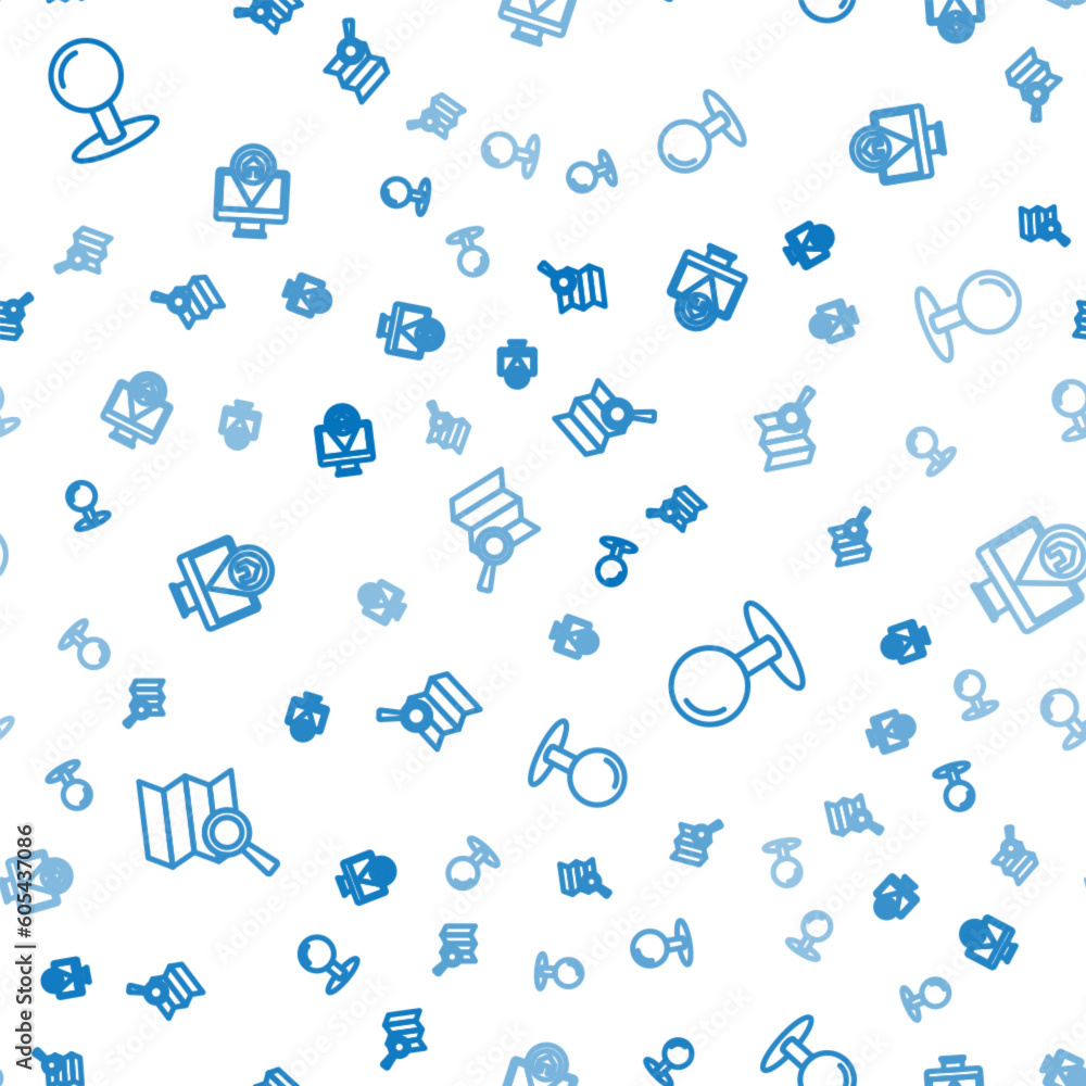 Poster set line search location, push pin and monitor with map on seamless pattern. vector