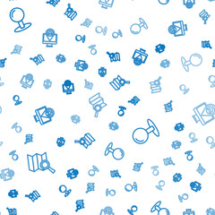 Set line Search location, Push pin and Monitor with map on seamless pattern. Vector