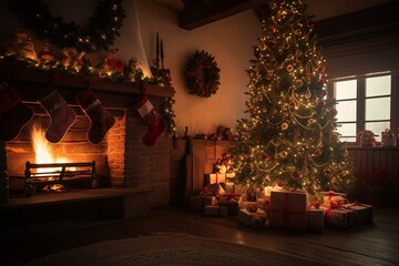 A festive tree adorned with ornaments and presents sits in a room with a roaring fireplace. Generative AI