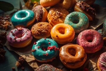 Yummy glazed donuts on a colorful background. Generative AI - obrazy, fototapety, plakaty