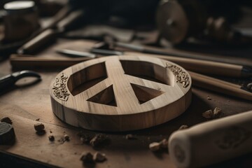 Handcrafted wooden peace symbol with chisels. Represents peace. Generative AI
