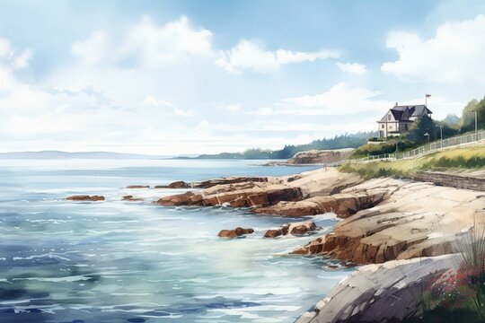 Watercolor seaside landscape illustration. Generative AI