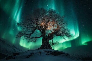 Vibrant Yggdrasil tree under aurora borealis. Generative AI